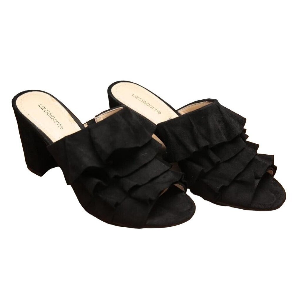 Liz Claiborne Deanna Heeled Mules Peep Toe Slide Heels Black Ruffles size 7.5